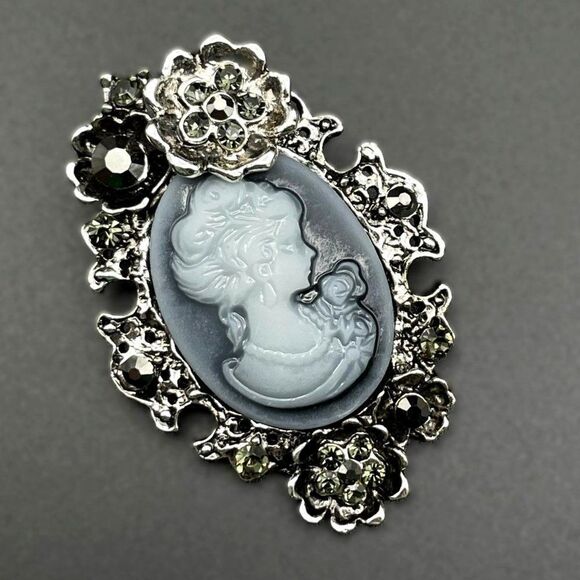 Silver with Gray and Black Onyx Crystal Lady Cameo Flower Pin Back Brooch - Picture 1 of 7